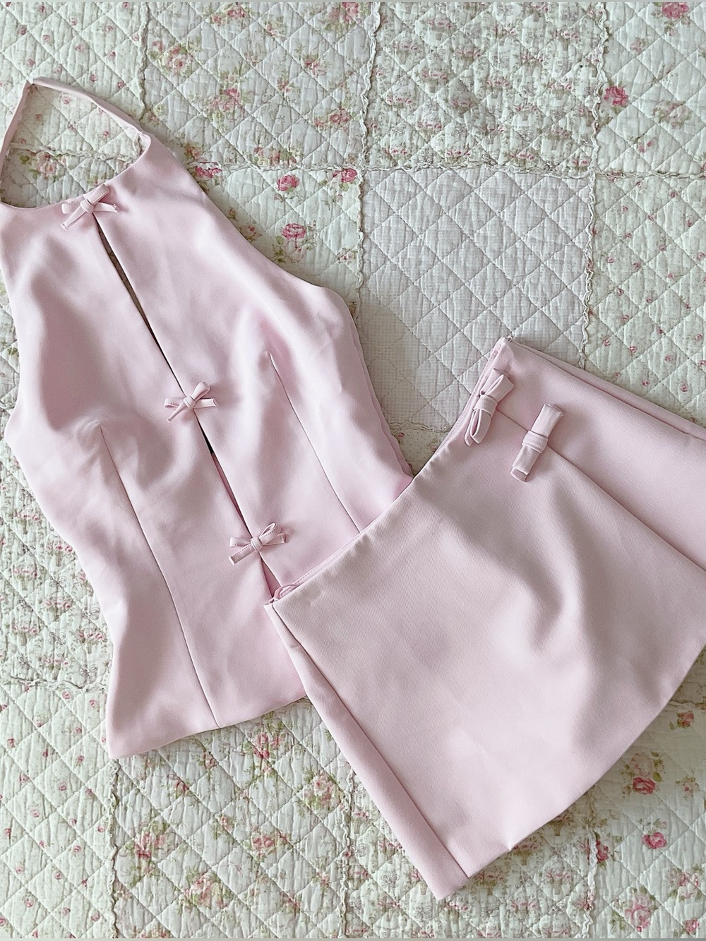 Zara Sleeveless Halter Pink Top & Mini Skirt Ribbon Set